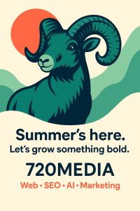 Illustration of a bold mountain ram with curved horns against a summer sunset backdrop, promoting 720MEDIA’s web design, SEO, AI, and marketing services in Colorado Springs.